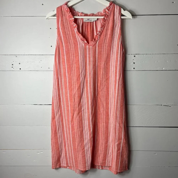 Vineyard Vines Coral & White Stripe Linen Blend Mini Dress Size XS - Picture 1 of 4